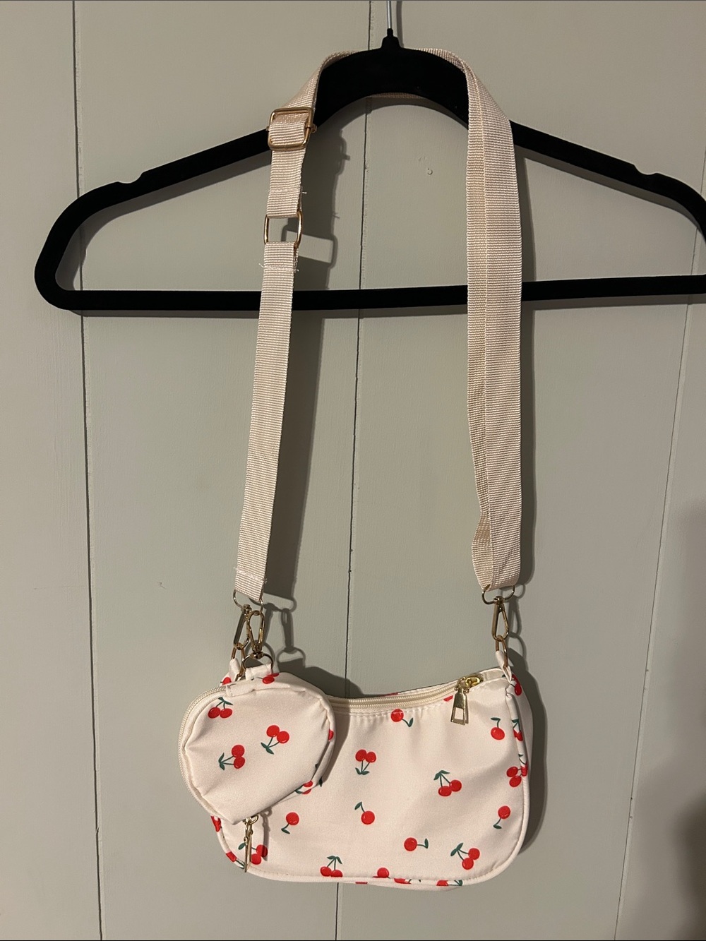 Cream Cherry Print Crossbody Bag with Coin Pouch